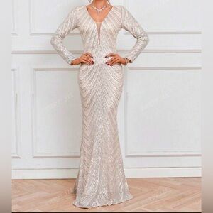 Elegant Silver Sequined Long Sleeve Gown/Dress